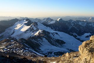 24 Horcones Glacier, Cerro de los Horcones, Cuerno And Manso In Foreground And Cerro Pan de Azucar, Cerro El Tordillo, Cerro Piloto, Alma Blanca Beyond At Sunset From Aconcagua Camp 3 Colera